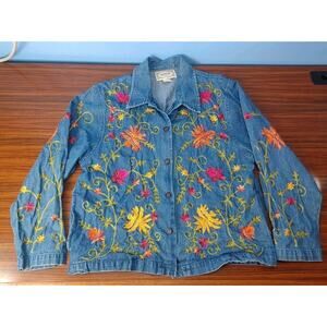 Vintage Tantrums Embroidered Floral Denim Floral Jacket Colorful 1990's Medium